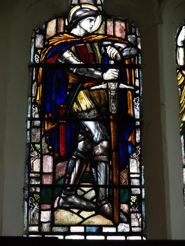 Cambridge, England: St Botolph's Church: south chapel window, St Michael (1922, Rachel Tancock)