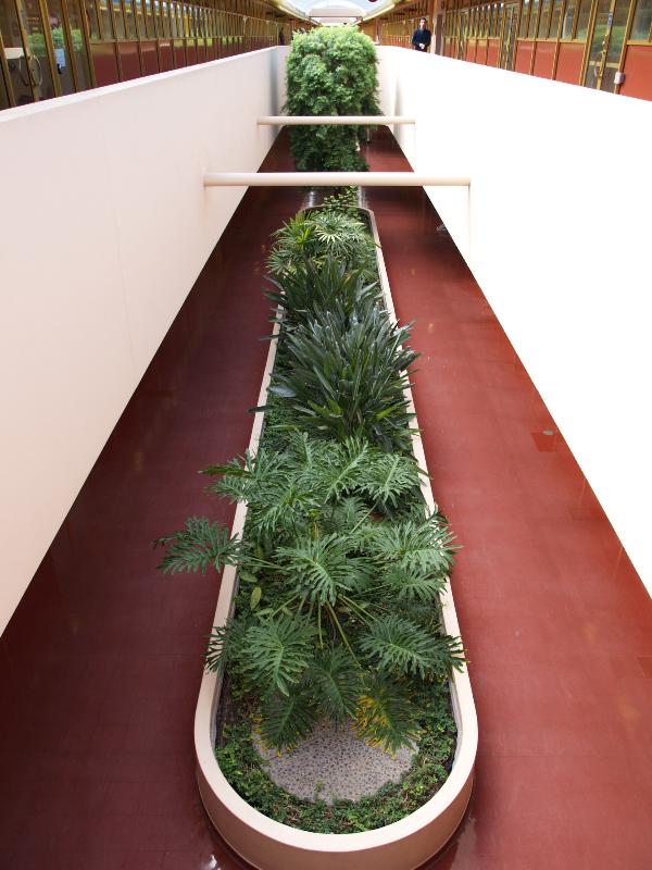 San Rafael, California (CA): Marin County Civic Center: looking down to ground floor (1960-1962, Frank Lloyd Wright)