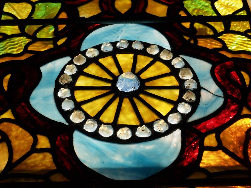Worthington, Massachusetts (MA): First Congregational Church: John and Nancy R. Stone Memorial Window, jewel detail (probably Tiffany)