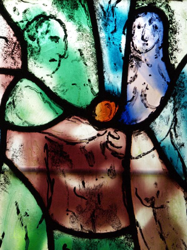 Tudeley, England: All Saints' Church: west side aisle window, detail (installed 1967-1985, Marc Chagall)