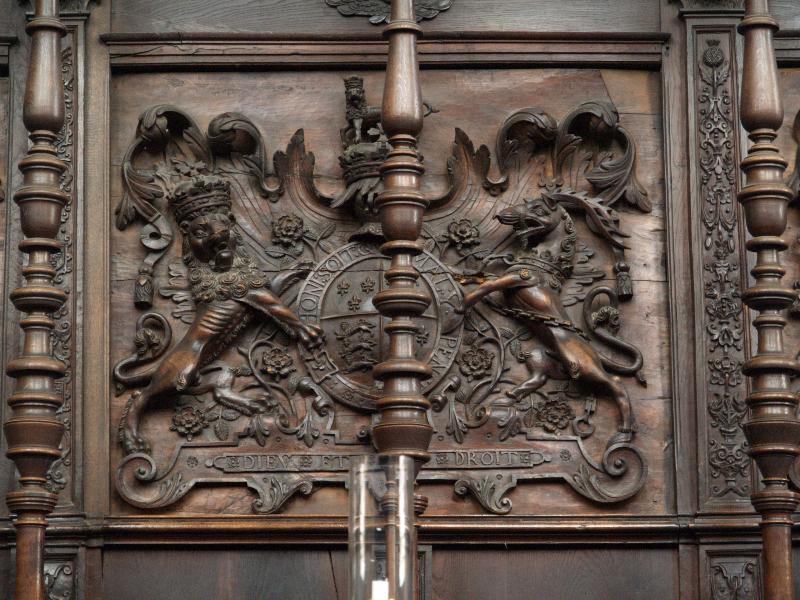 Cambridge, England: King's College: chapel heraldic panel behind Fellows' stalls