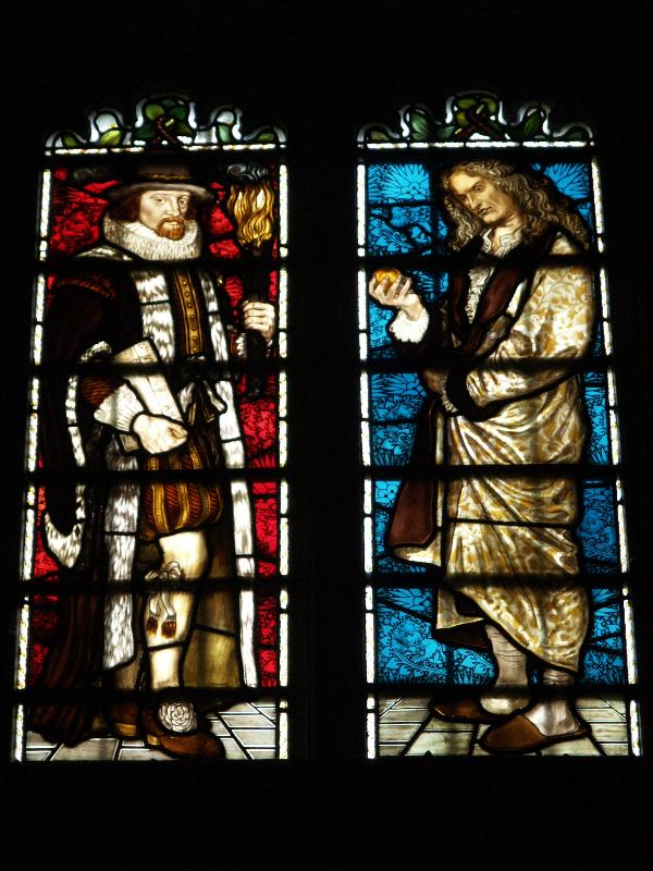 Cambridge, England: Peterhouse: Hall window, Francis Bacon and Isaac Newton (1870, Ford Madox Brown)