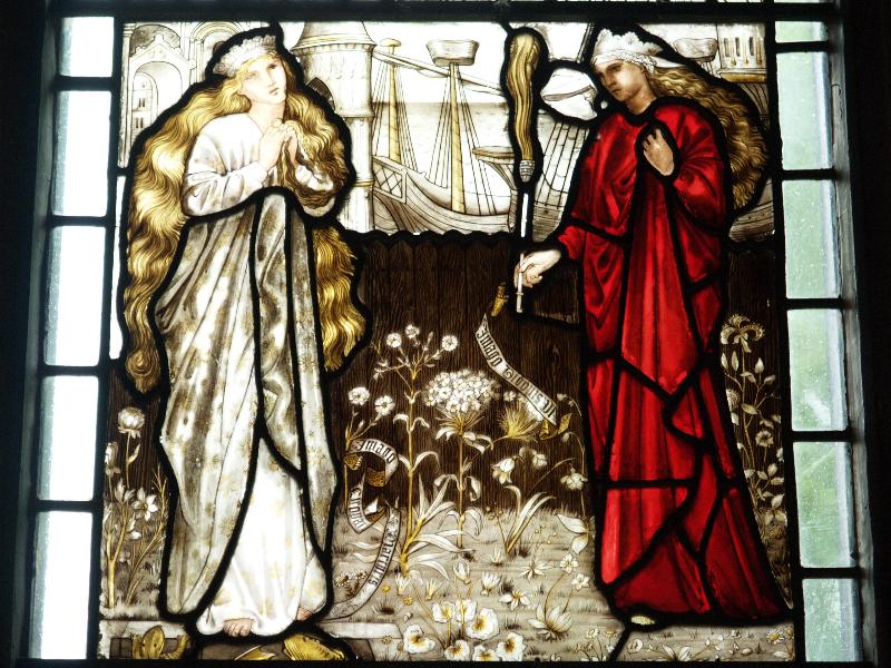 Cambridge, England: Peterhouse: Combination Room window, Cleopatra and Dido (1869, Edward Burne-Jones)