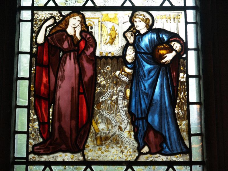 Cambridge, England: Peterhouse: Combination Room window, Hypsipyle and Medea (1869, Edward Burne-Jones)