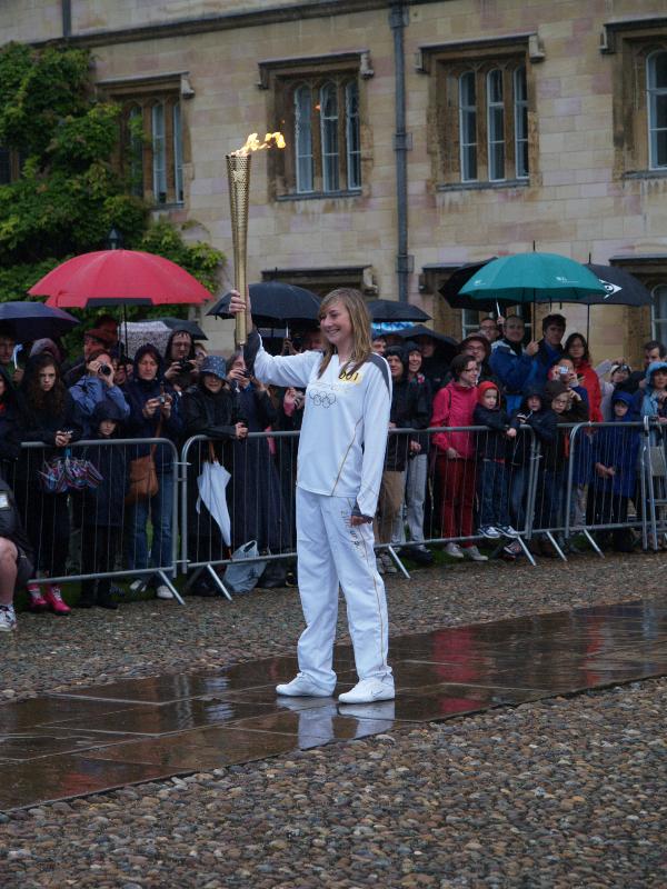 Cambridge, England: Trinity College: Olympic Torch Relay, Great Court, first torch bearer