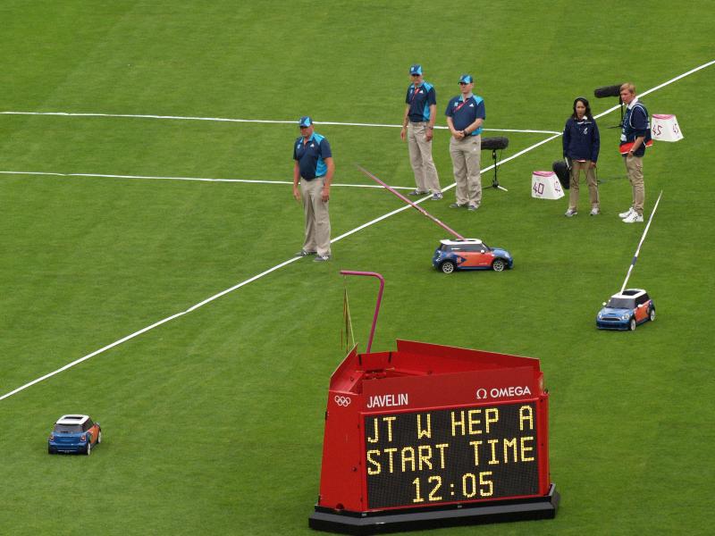 London, England: Olympic Park, Olympic Stadium: mini Minis carrying javelins