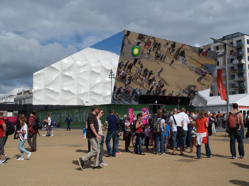 London, England: Olympic Park, BP building: view (2012, AND Architects; with reflection of Basketball Arena)