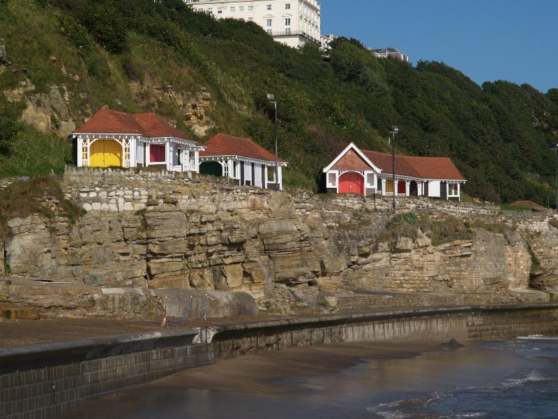 Scarborough, England: beach: beach huts (Edwardian?)