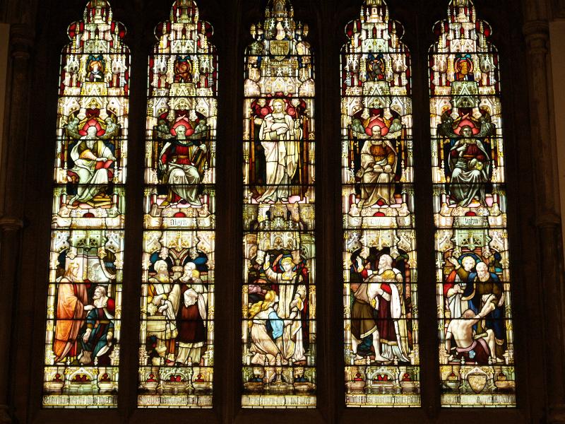 London, England: Rosslyn Hill Unitarian Chapel: Christ and the four Evangelists (1886, Frederick Wilson and Edward Hammond)