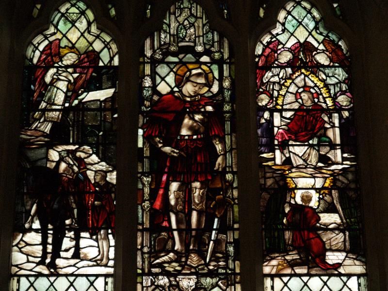 Leicester, England: Leicester Cathedral: St Martin window (1907, designed and made by Christopher Whall)
