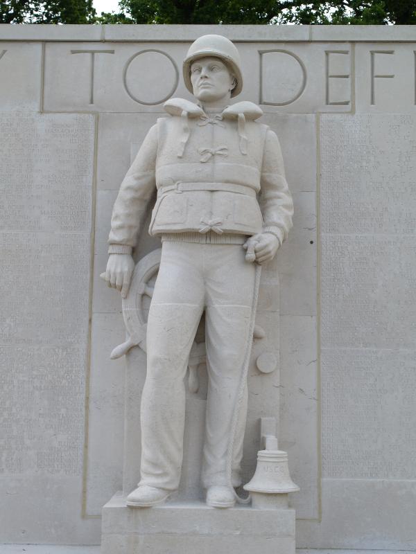 Madingley, England: American War Cemetery: US Coast Guard serviceman (along Wall of the Missing) (1951, sculptor Wheeler Williams)
