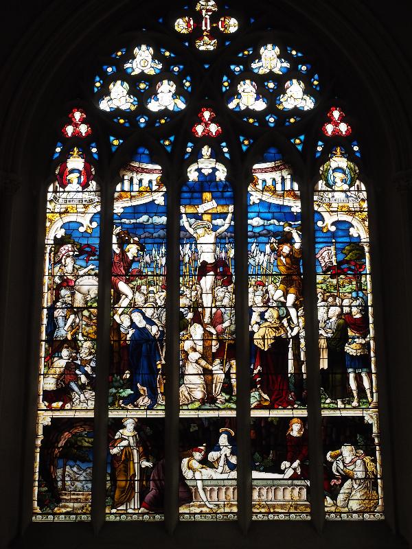 Cambridge, England: Corpus Christi College: chapel, east window, Crucifixion (1881, Heaton, Butler and Bayne)