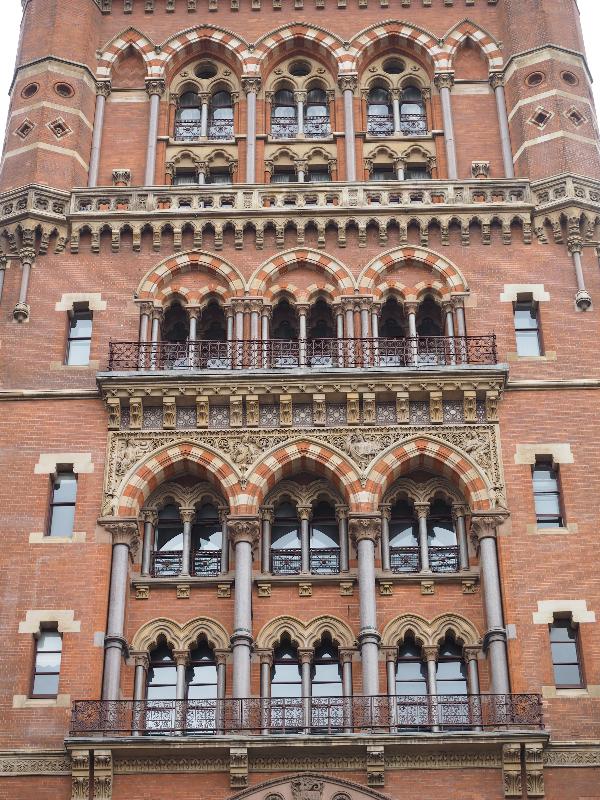 London, England: St Pancras hotel: facade detail (1864-1868, George Gilbert Scott)