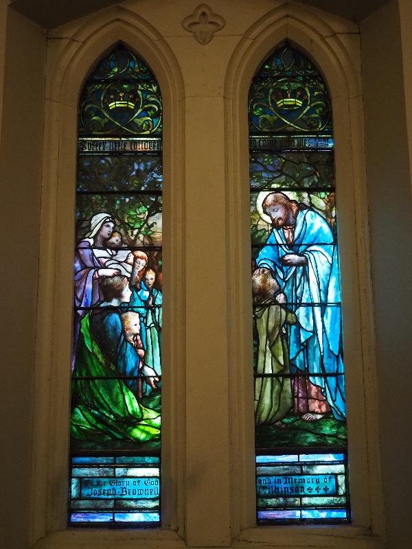 Troy, New York (NY): St John's Episcopal Church: Wilkinson Memorial Window, Christ Blessing Little Children (Frederick Wilson, 1896, Tiffany Glass and Decorating Company)