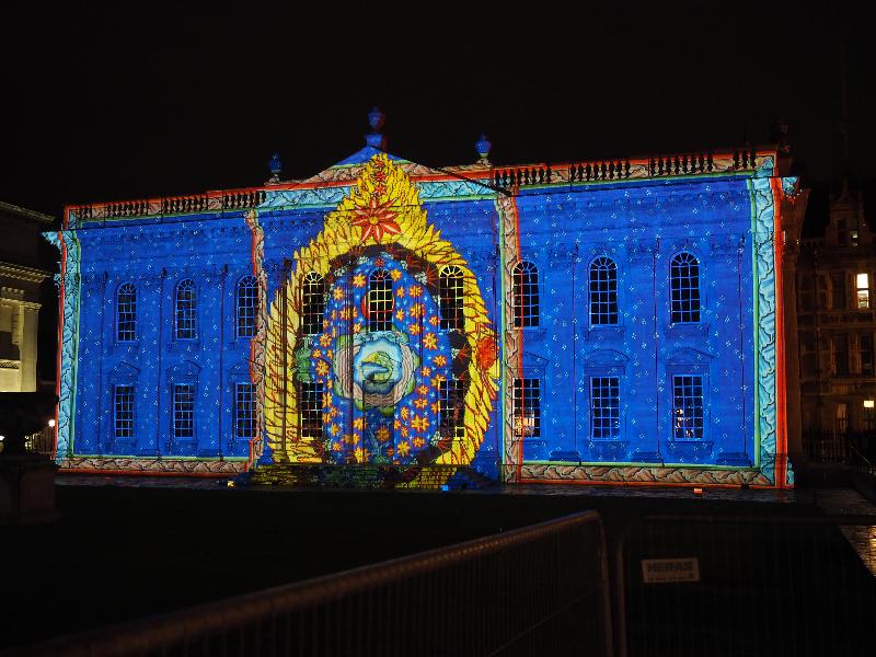 Cambridge, England: Senate House: blue medieval (eLuminate Cambridge Festival, SPIRITUS - Light and Darkness, by Ross Ashton and Karen Monid)