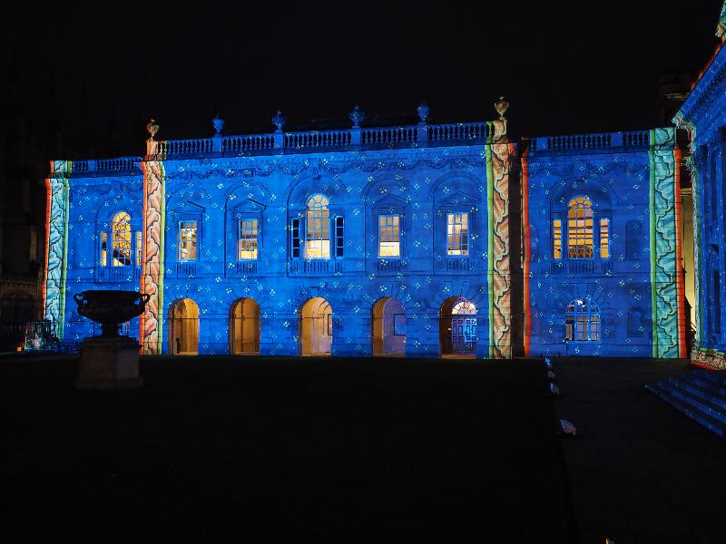 Cambridge, England: Old Schools: blue light (eLuminate Cambridge Festival, SPIRITUS - Light and Darkness, by Ross Ashton and Karen Monid)
