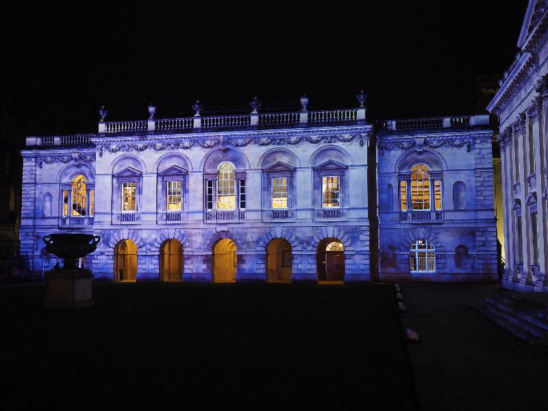 Cambridge, England: Old Schools: purple light (eLuminate Cambridge Festival, SPIRITUS - Light and Darkness, by Ross Ashton and Karen Monid)