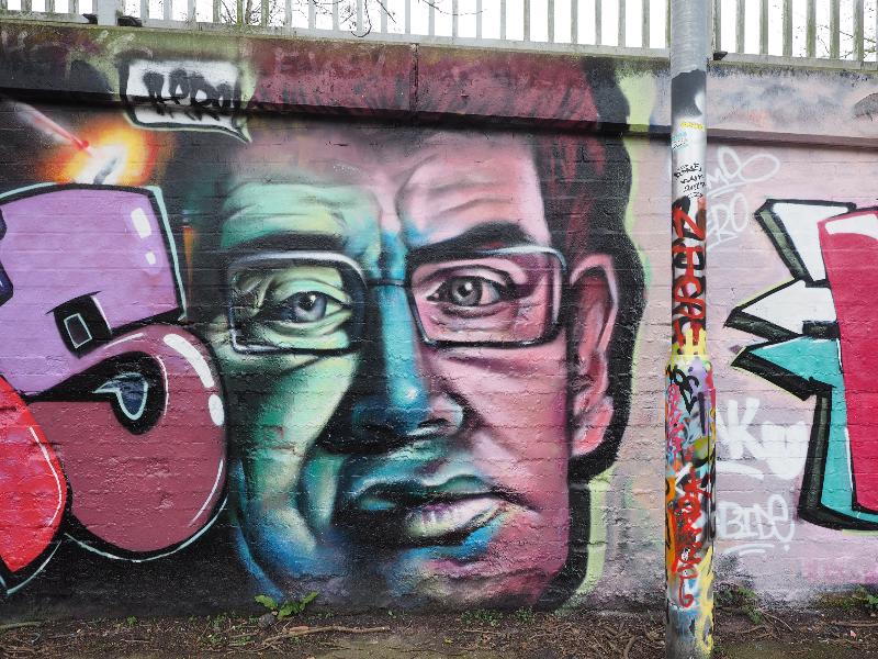 Cambridge, England: Mill Road: Stephen Hawking portrait (artist Kyle Warwick)