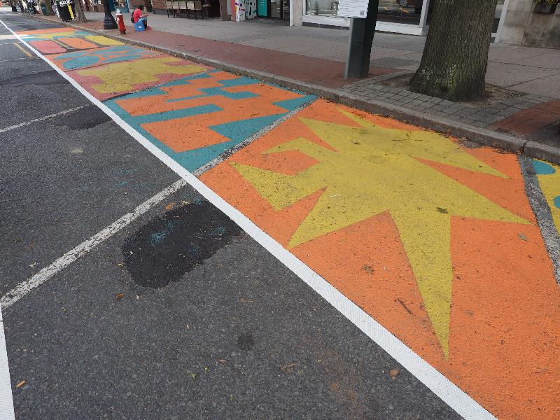 Northampton, Massachusetts (MA): Masonic Street: painting on streets (behind barriers set up because of Covid-19)