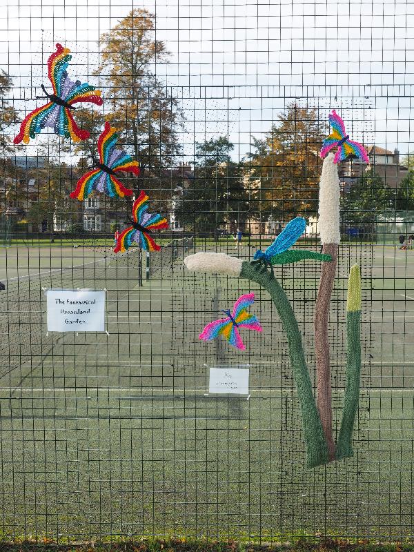 Cambridge, England: Jesus Green: Butterflies and dragonfly (2020, artist Zesty Helix) (The Fantastical Dreamland Garden)