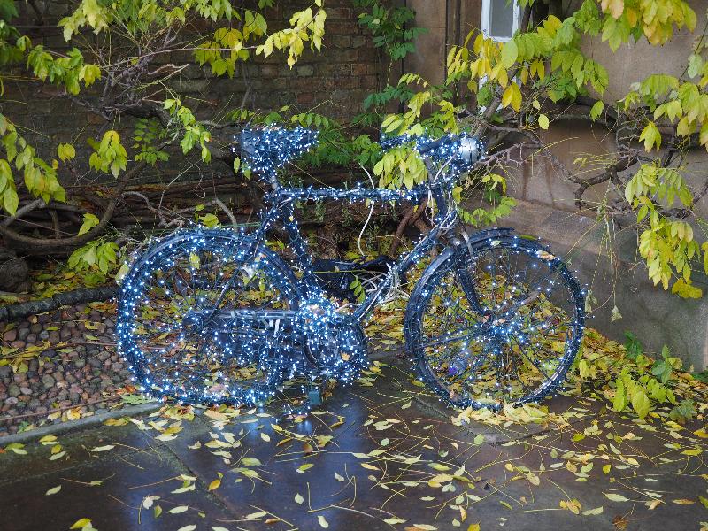 Cambridge, England: Sidney Sussex College: bicycle with Christmas lights