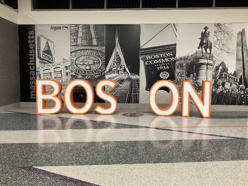 Boston, Massachusetts (MA): Logan Airport, Terminal E: BOS(T)ON sign