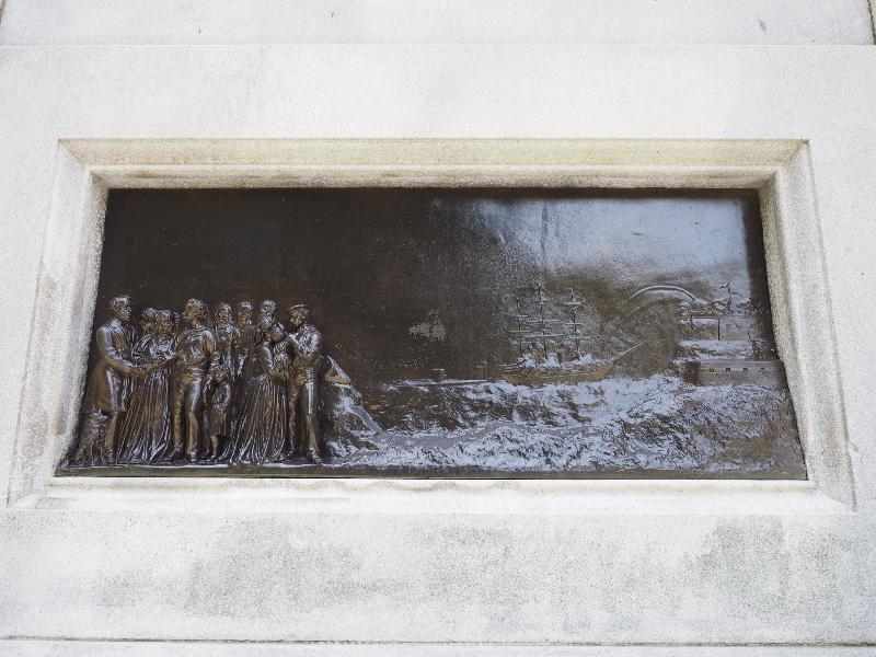 Boston, Massachusetts (MA): Boston Common: Soldiers and Sailors Monument (Union sailors in an engagement between a Federal man-of-war and a Confederate ironclad, 1877, Martin Milmore)