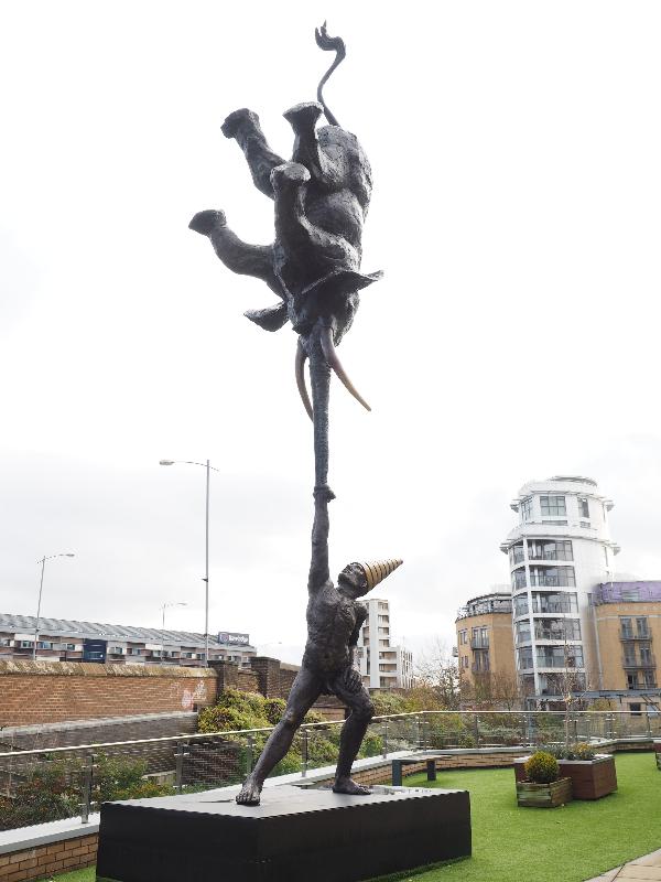 Cambridge, England: Academy House: elephant being held in air (Dunamis, 2013, Bushra Fakhoury)