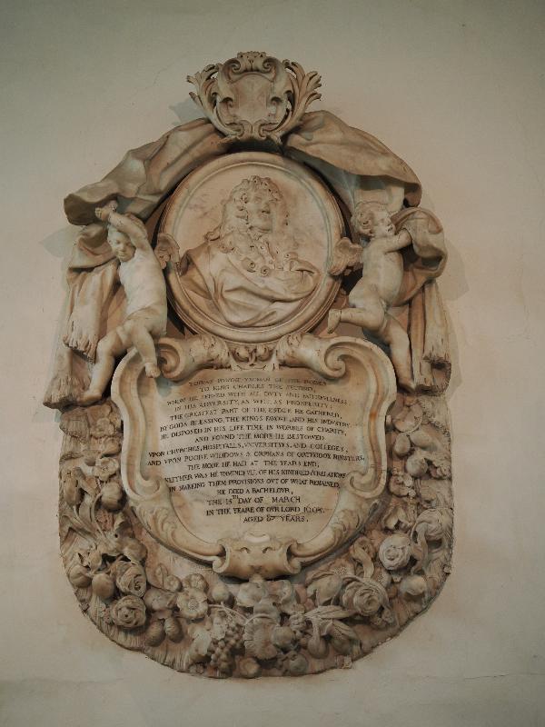 Cambridge, England: Jesus College: chapel, Tobias Rustat memorial (studio of Grinling Gibbons)