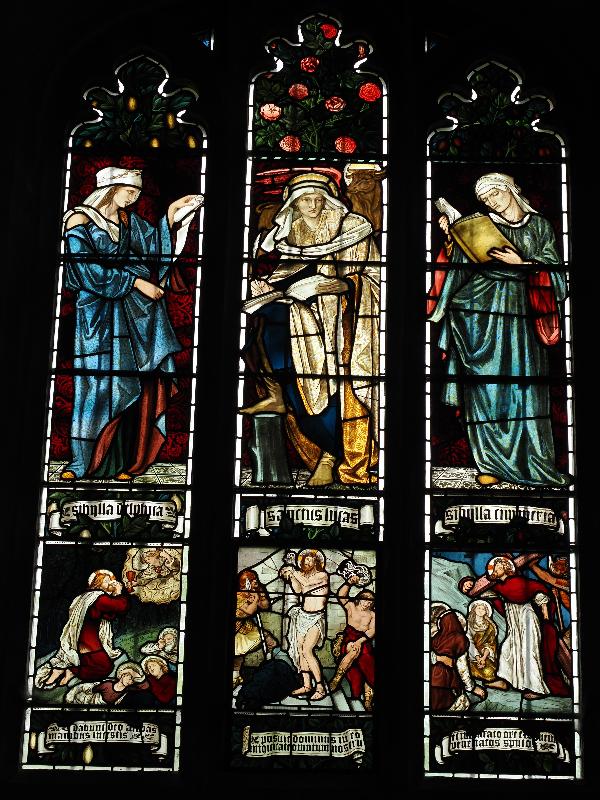 Cambridge, England: Jesus College: chapel, south transept, east wall, south window (Delphic sibyl / St Luke / Cimmerian sibyl // Agony of Christ in Gethsemane / Scourging of Christ at the pillar / Christ meets Mary, Christ carrying the cross, 1873, Morris & Co)