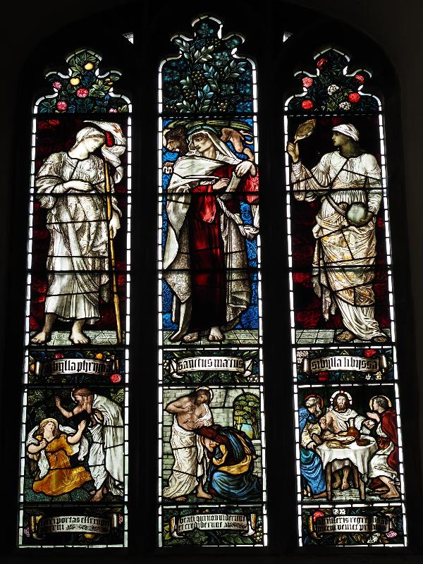 Cambridge, England: Jesus College: chapel, south transept, west wall, south window (Phrygian sibyl / St Mark / Libyan sibyl / Noli me tangere / Thomas reaches out to touch the wound in Christ's side / Supper at Emmaus, 1874, Morris & Co)