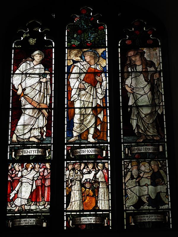 Cambridge, England: Jesus College: chapel, south transept, west wall, north window (Erythraean sibyl / St John the Evangelist / Tiburtine sibyl // Christ ascends to heaven / Adoration of the Lamb / Stephen's vision of Christ in heaven, 1873, Morris & Co)