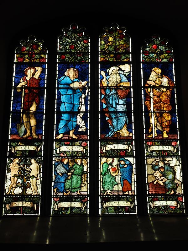 Cambridge, England: Jesus College: chapel, nave, south wall, east window (Adam / Enoch / Noah / Abram // Adam and Eve / Enoch and the Angel / Noah instructed to build the ark / Abraham sacrifices Isaac, 1873-1874, Morris & Co)