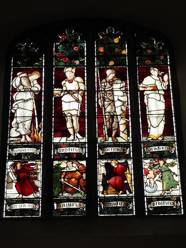 Cambridge, England: Jesus College: chapel, nave, north wall, east window (Temperance / Justice / Fortitude / Prudence // Anger / Injustice / Fear / Folly, 1875-1876, Morris & Co)