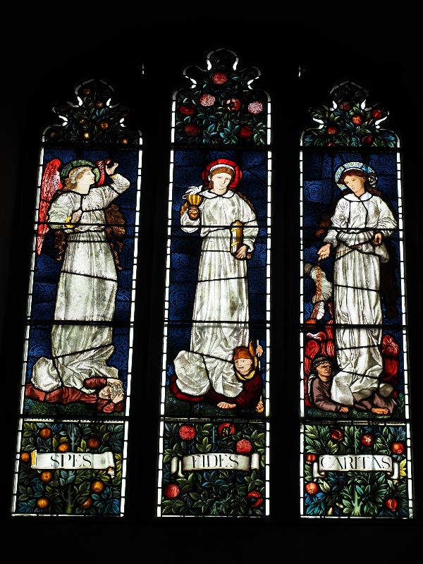 Cambridge, England: Jesus College: chapel, north transept, west wall, north window (Virtues: Hope, Faith and Charity, 1873, Morris & Co)