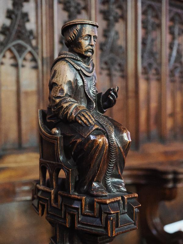 Cambridge, England: Jesus College: chapel, carved stall figure