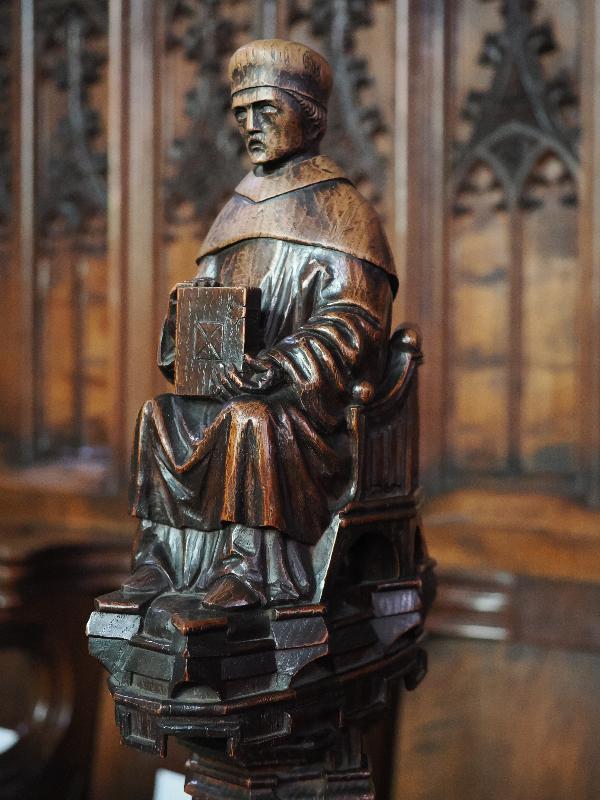 Cambridge, England: Jesus College: chapel, carved stall figure