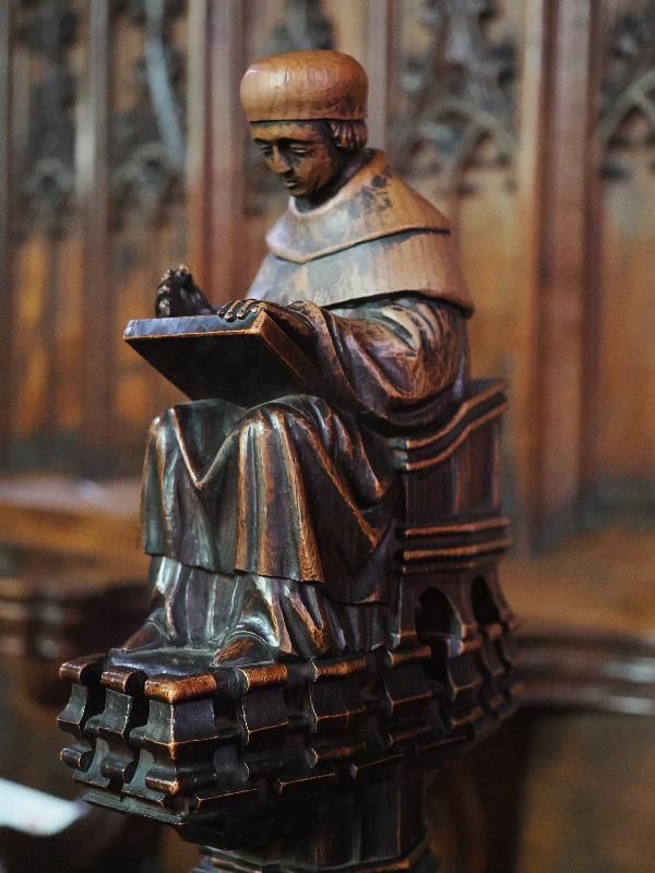 Cambridge, England: Jesus College: chapel, carved stall figure