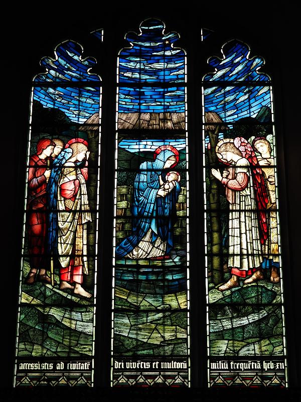 Cambridge, England: Jesus College: inner chapel, south wall, next to westernmost window (Virgin and Child, 1914, Morris & Co, design after Edward Burne-Jones)