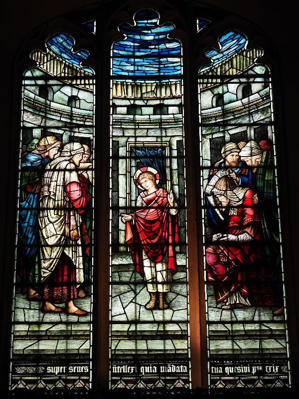 Cambridge, England: Jesus College: inner chapel, south wall, westernmost window (Christ in the Temple, 1914, Morris & Co, design after Edward Burne-Jones)