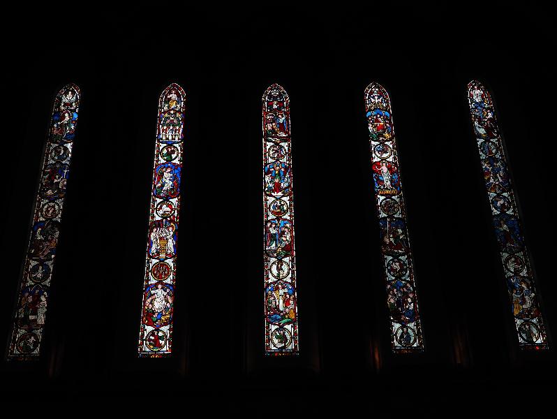 Cambridge, England: Jesus College: inner chapel, north wall windows (1850-1858, Hardman)