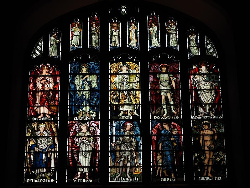 Cambridge, England: Jesus College: chapel, south transept, south wall, top half of window (Morris & Co)