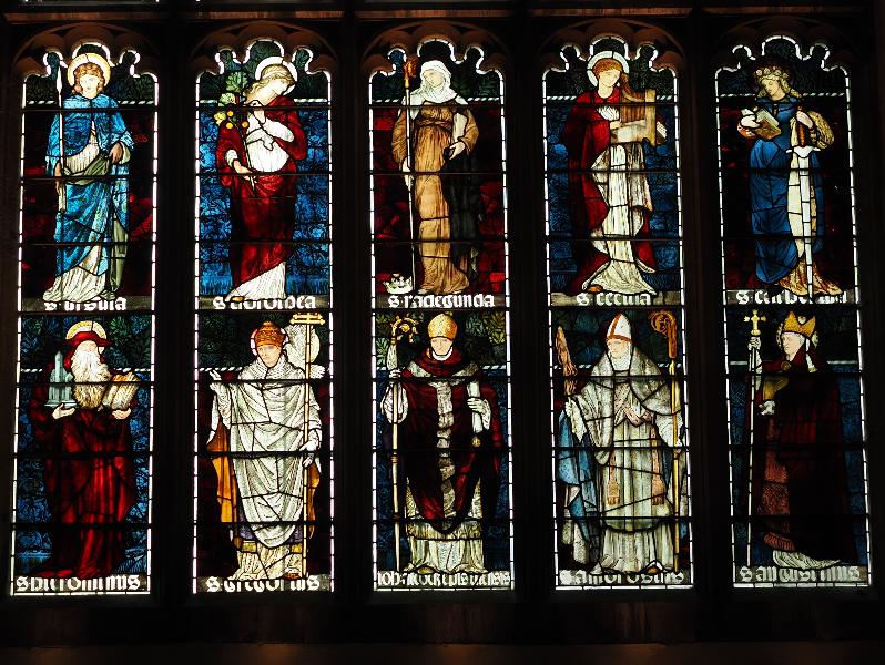 Cambridge, England: Jesus College: chapel, south transept, south wall, bottom half of window (Morris & Co)