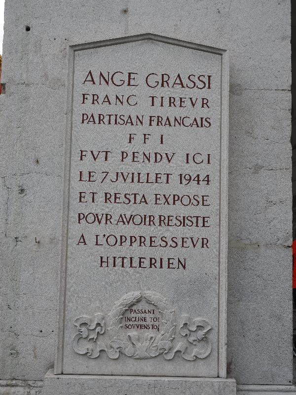 Nice, France: Avenue Jean Medecin: Memorial to French Partisan, Ange Grassi (hanged here 7 July 1944)