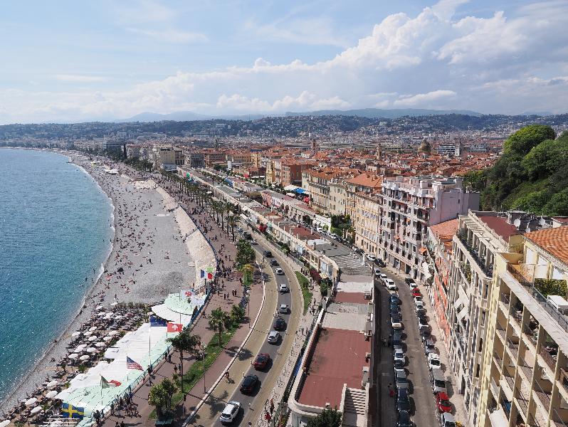 Nice, France: Colline du Chateau (Castle Hill): view of beach and nearby buildings