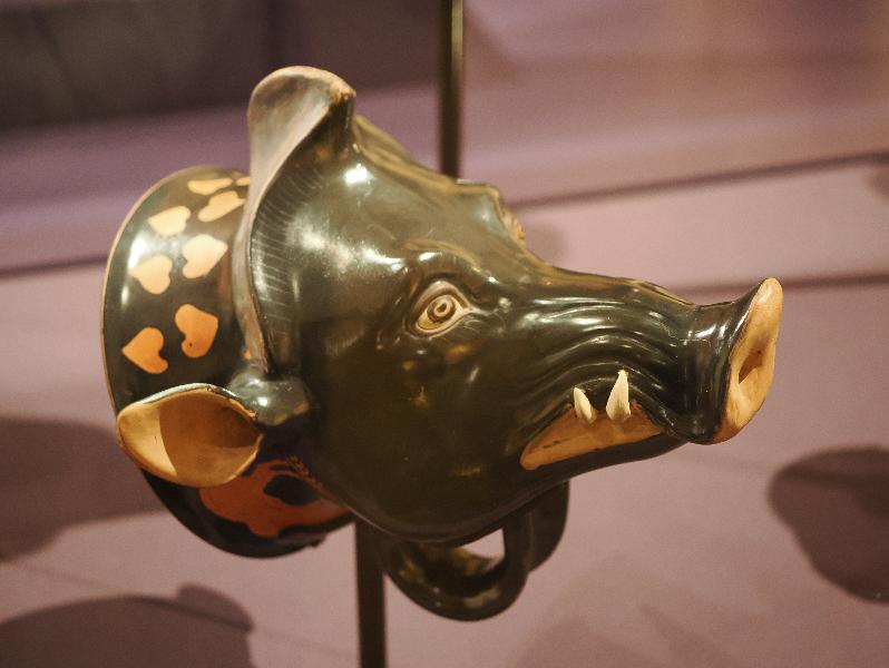 London, England: British Museum: Boar-head drinking mug (about 460-450 BC, made in Greece, found at Capua, Italy)