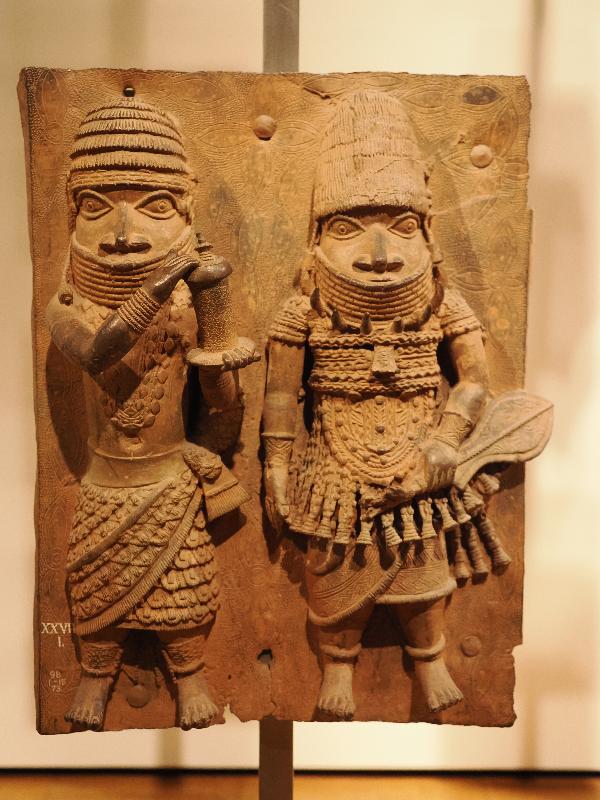 London, England: British Museum: cast brass plaque, two men (16th century, Benin, Nigeria)