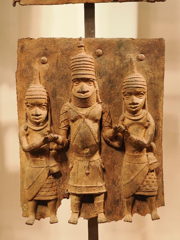 London, England: British Museum: cast brass plaque, three men (16th century, Benin, Nigeria)
