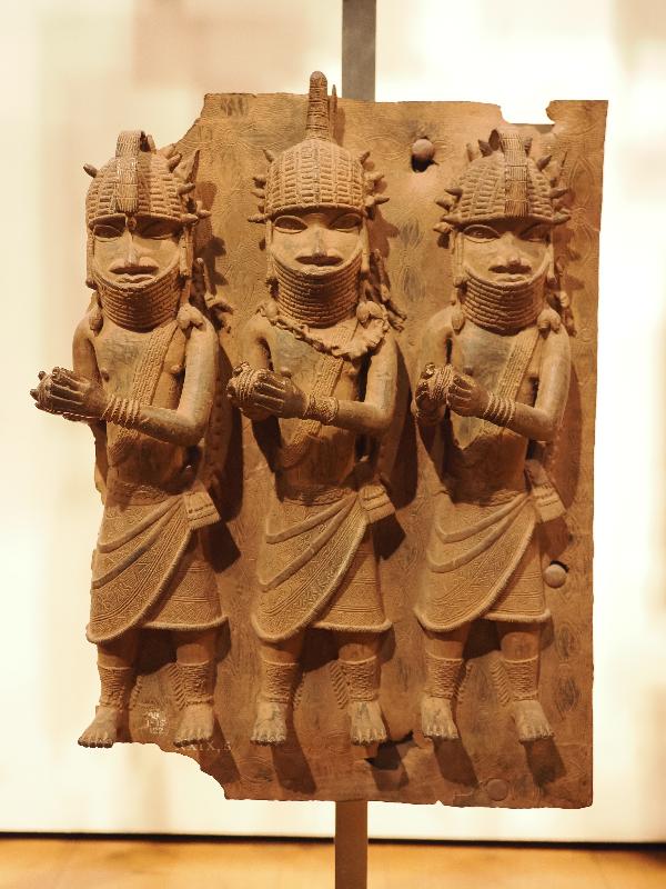 London, England: British Museum: cast brass plaque, three men (16th century, Benin, Nigeria)