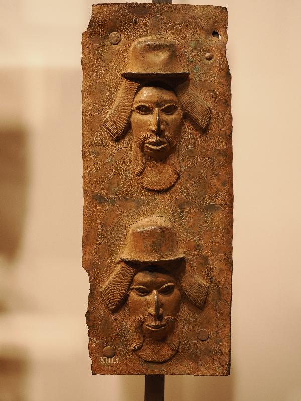 London, England: British Museum: cast brass plaque, two heads (16th century, Benin, Nigeria)